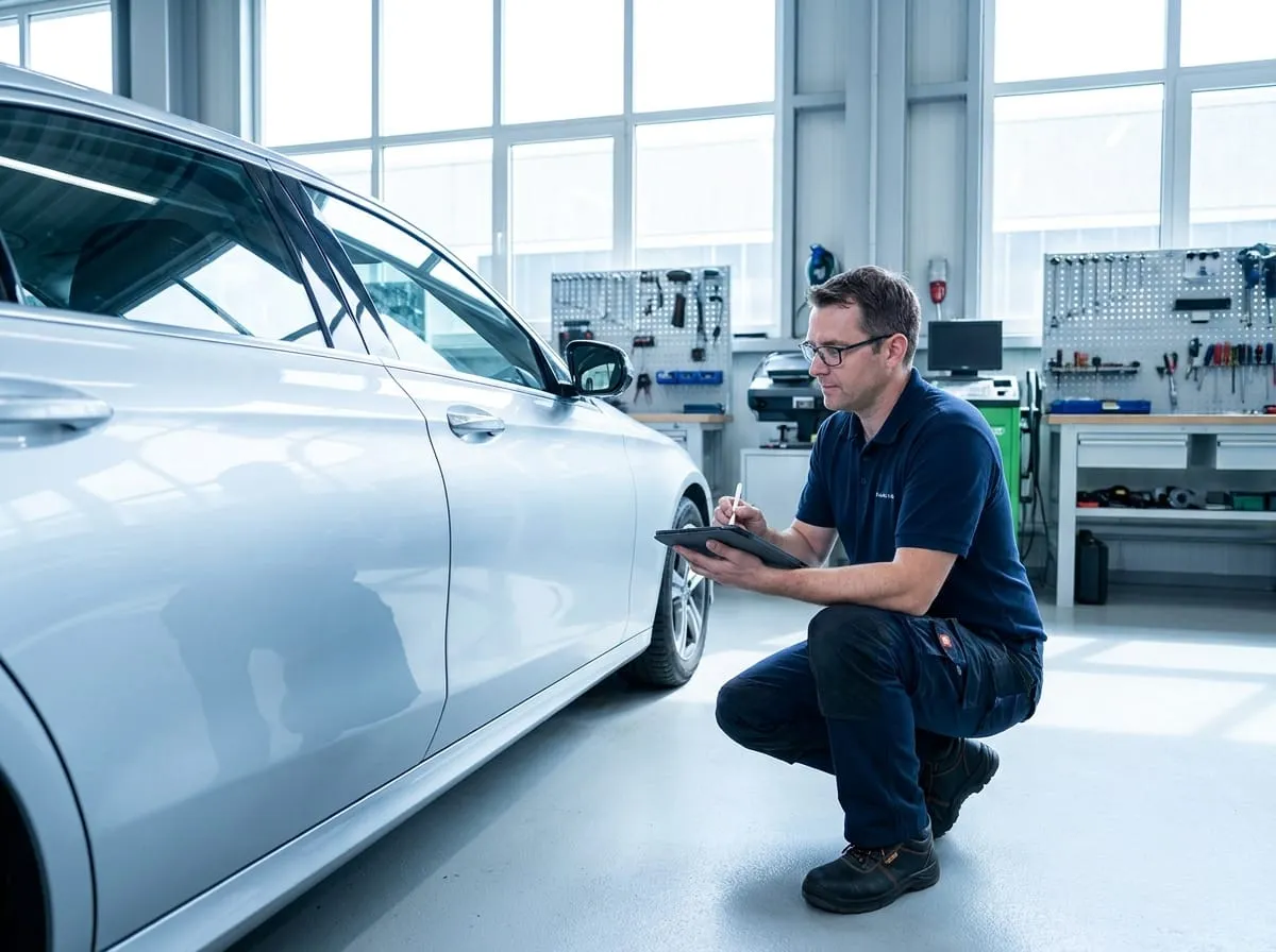 A qualified assessor inspecting vehicle damage in a workshop.