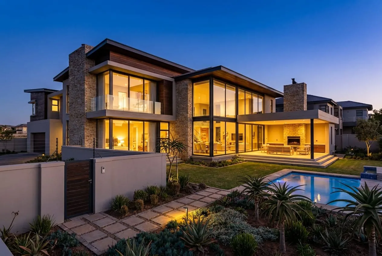 A restored family home at dusk, lights on.